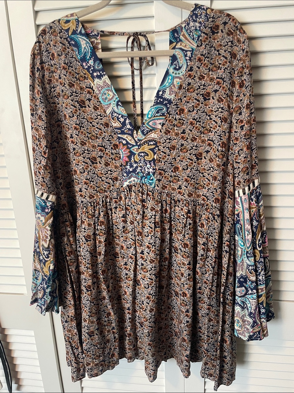 Umgee Boho Paisley V-Neck Tunic Dress in Navy & Brown